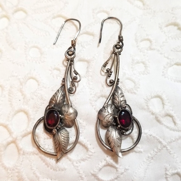 Antique Jewelry - Art Nouveau Antique Garnet Sterling Handmade Earrings